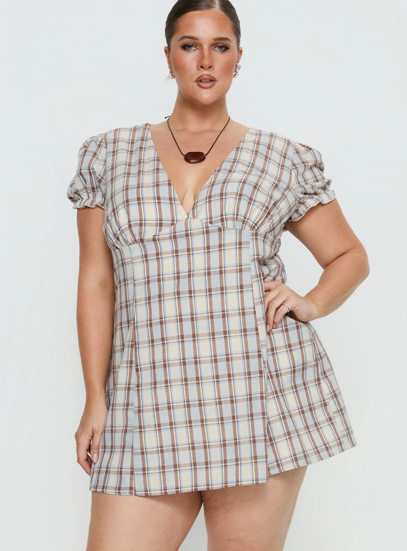 Mystee Plunge Neck Playsuit Blue Check Curve