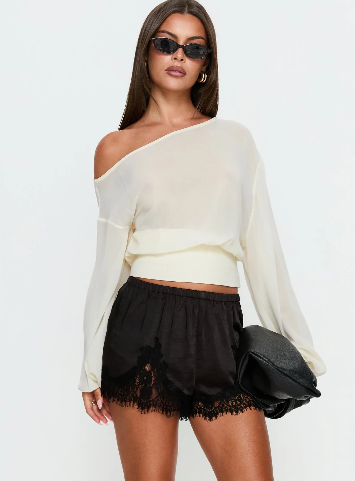 Parisse Satin Lace Trim Shorts Black