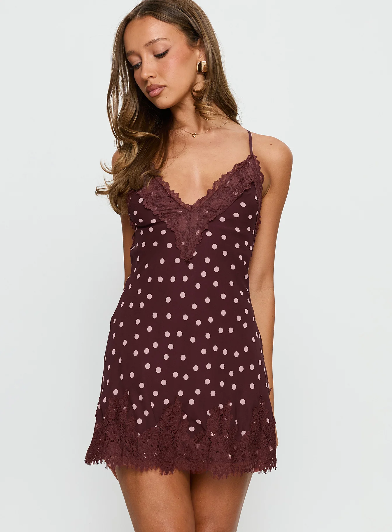 Call My Lover Lace Slip Mini Dress Brown Polka Dot