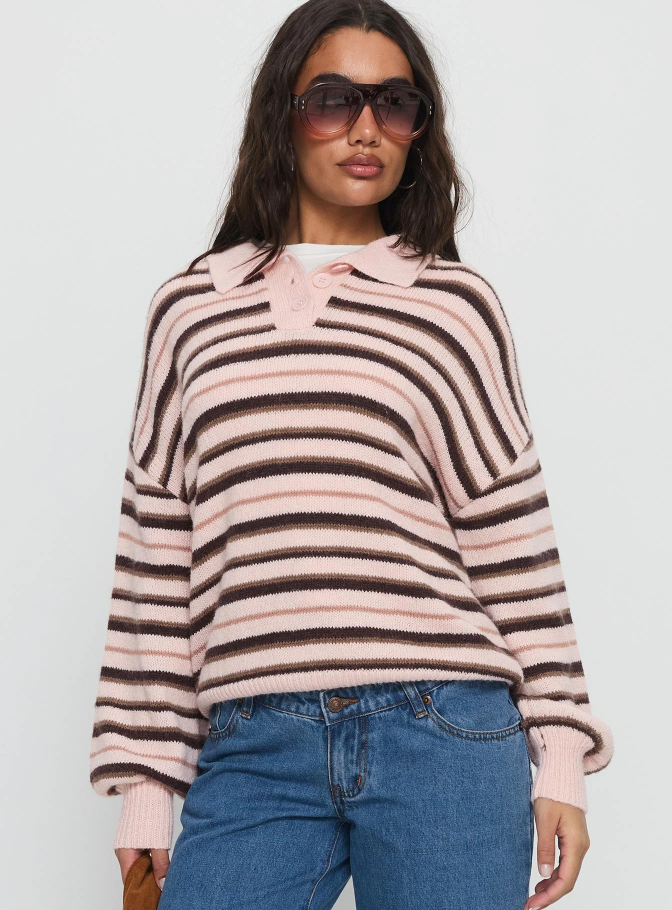 Jeanny Collared Knit Sweater Brown / Pink Stripe