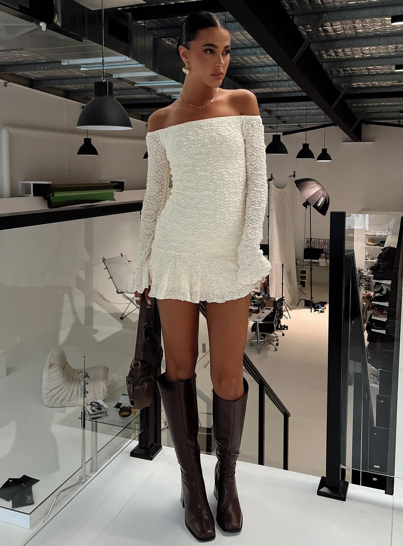 Vancesca Off Shoulder Long Sleeve Mini Dress Cream