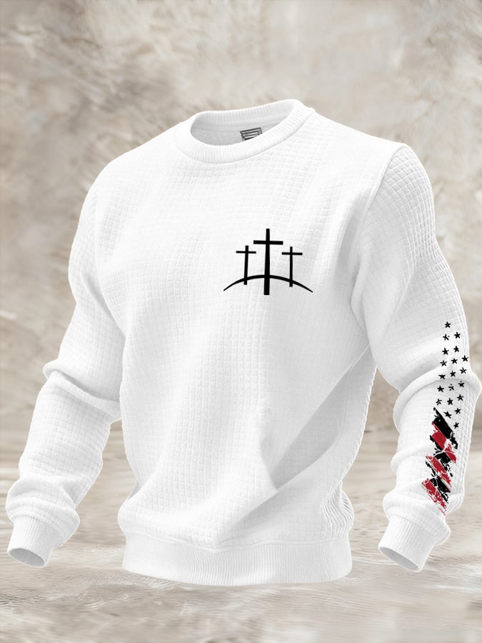Men's Retro Faith Print Check Crew Neck Sweatshirt