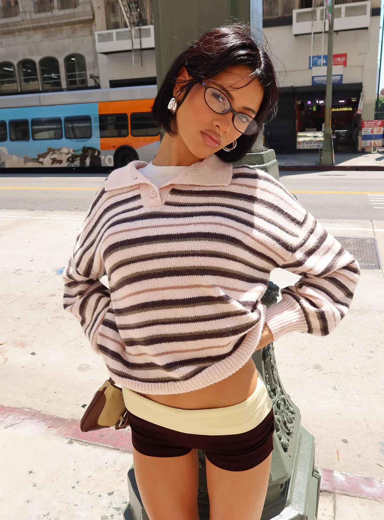 Jeanny Collared Knit Sweater Brown / Pink Stripe