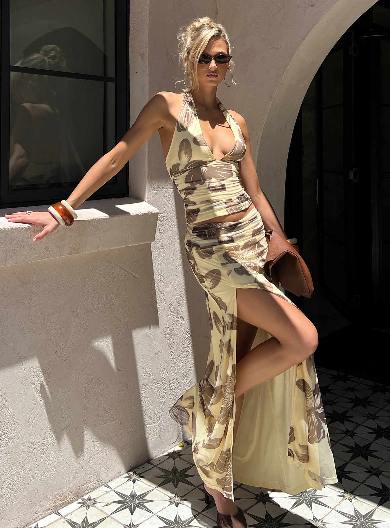 Roselin Mesh Maxi Skirt Brown Floral