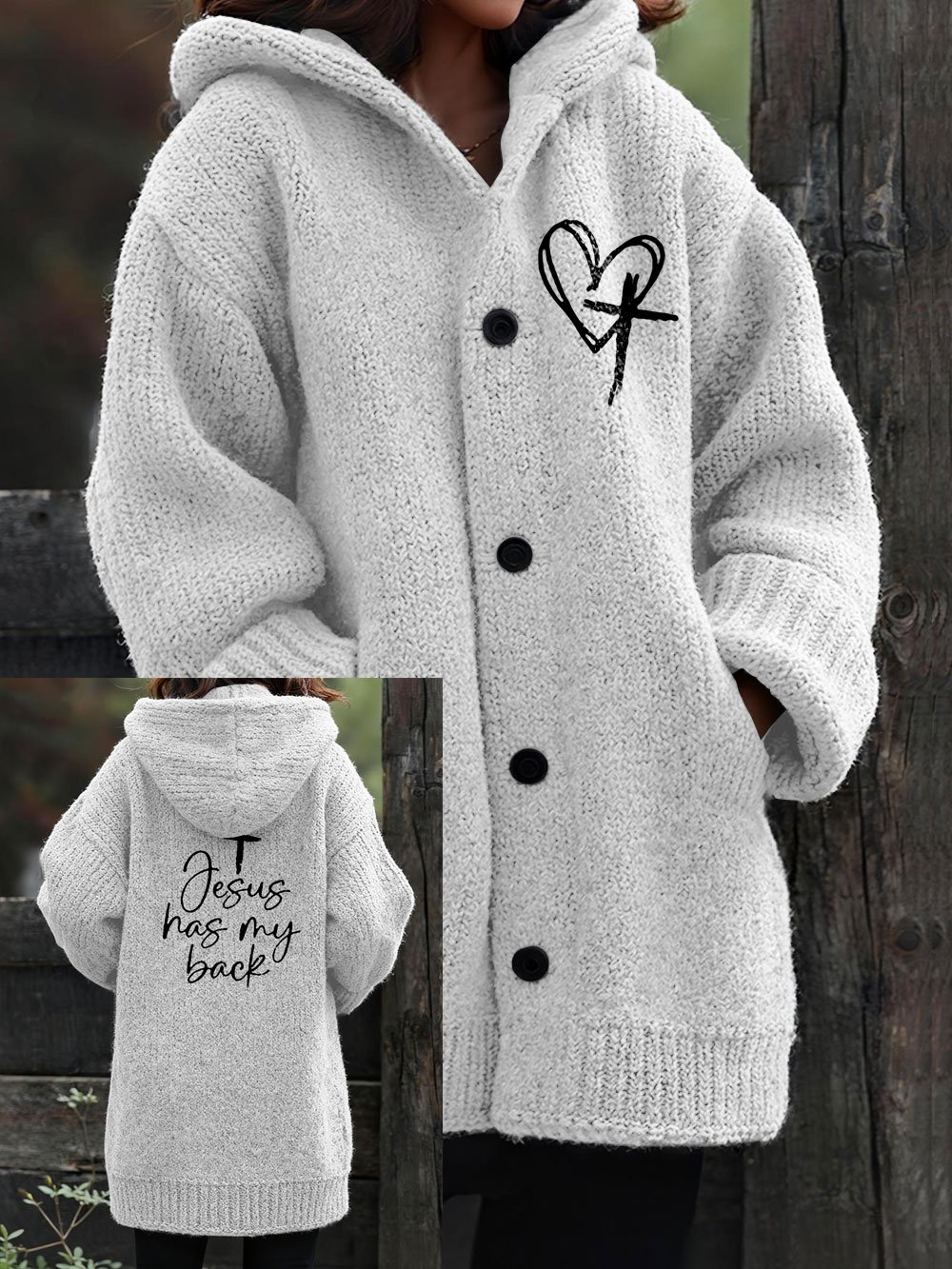 Women's Jesus Has My Back Printed Warm Knit Cardigan