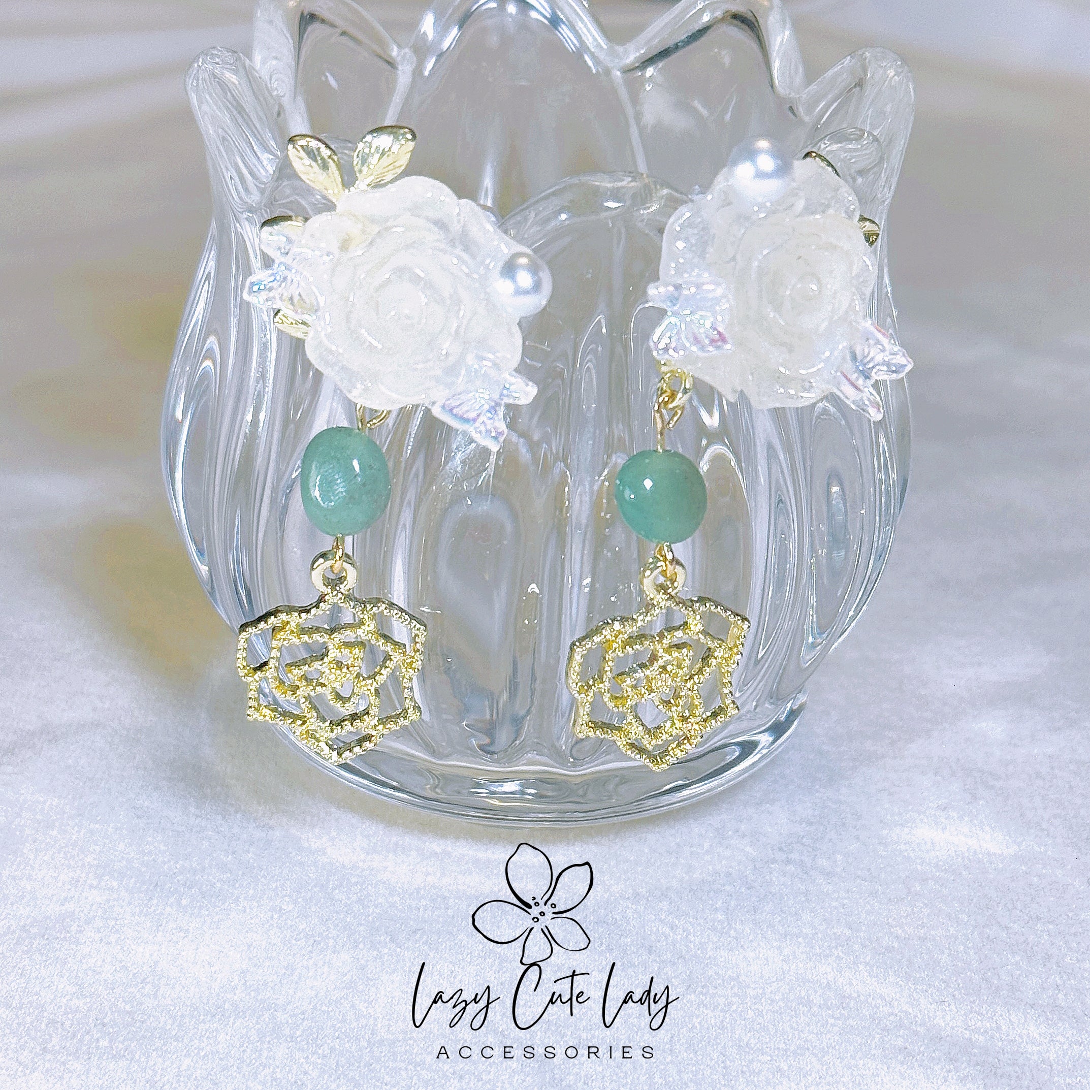 Lazy Cute Lady Accessories-Jade Rose Symphony: Quartz, Metal, and Jade Floral Earrings with Butterfly and Pearl Accents Cute Earrings- Gift - for girl for women