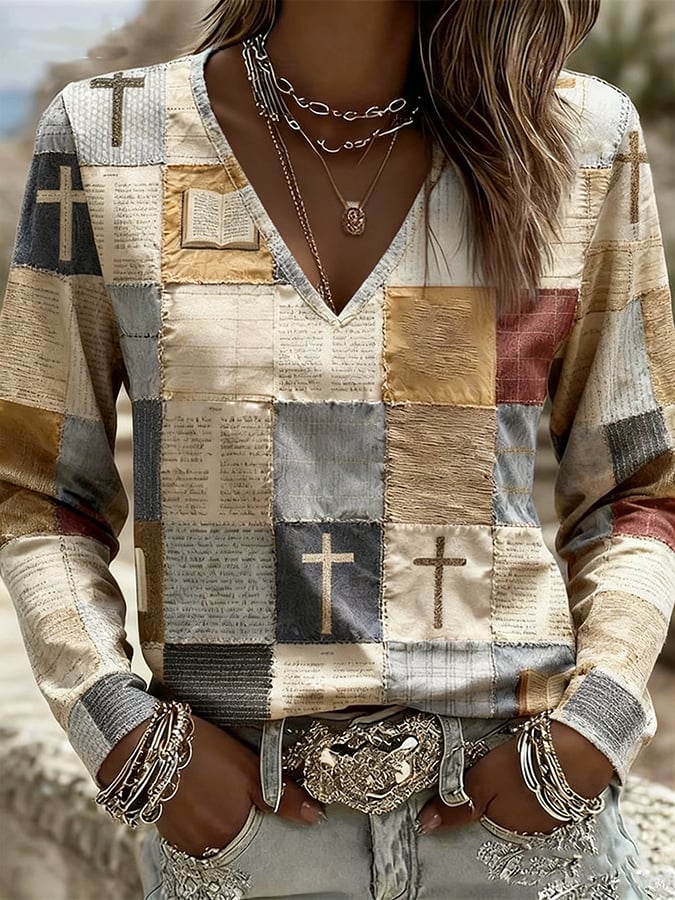 Women's Faith Print Casual V-Neck Long Sleeve T-Shirt