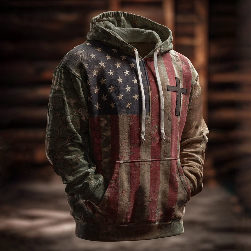 Men's Vintage Casual American Flag Cross Faith Hoodie