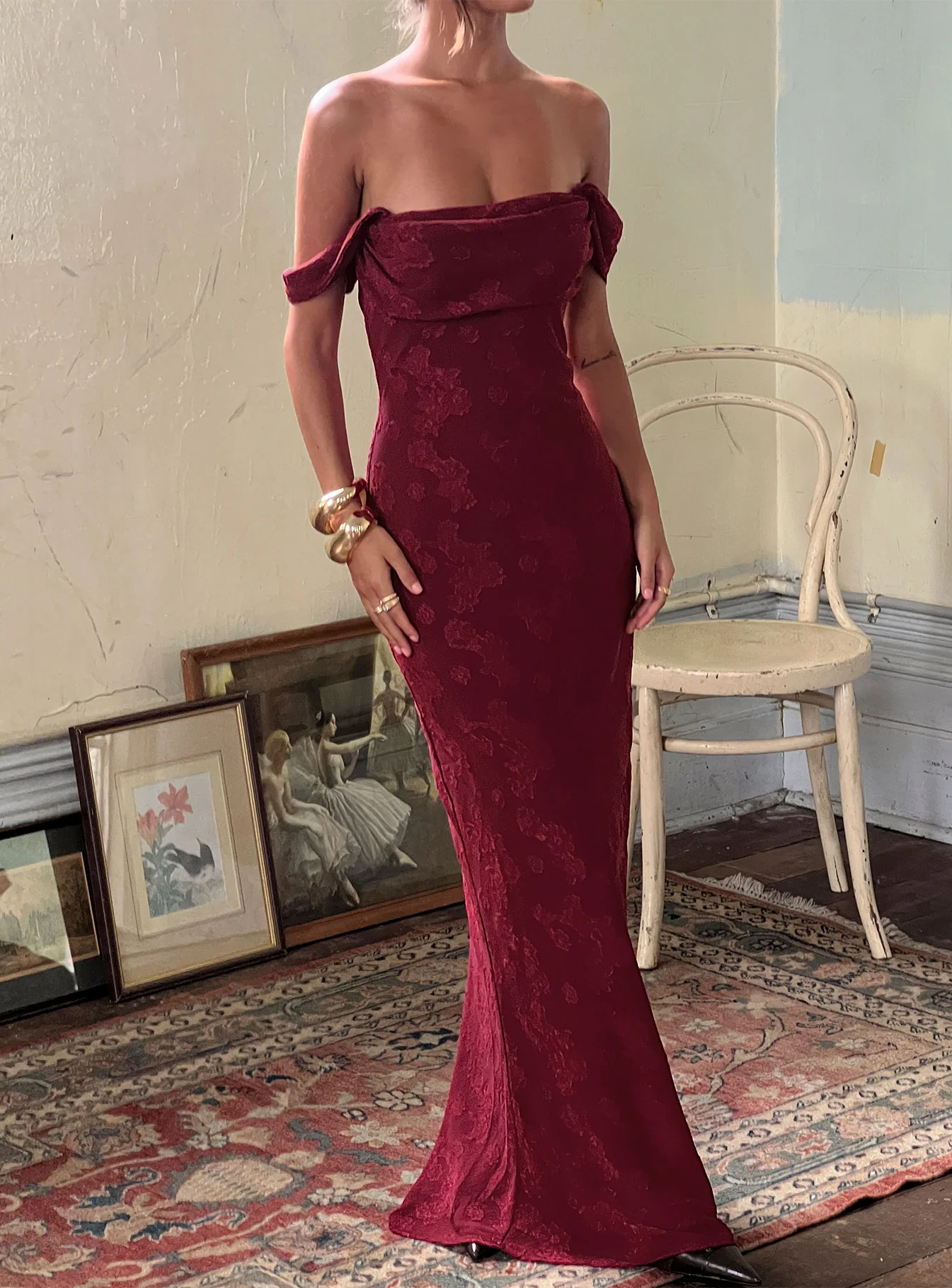 Azura Off The Shoulder Maxi Dress Burgundy