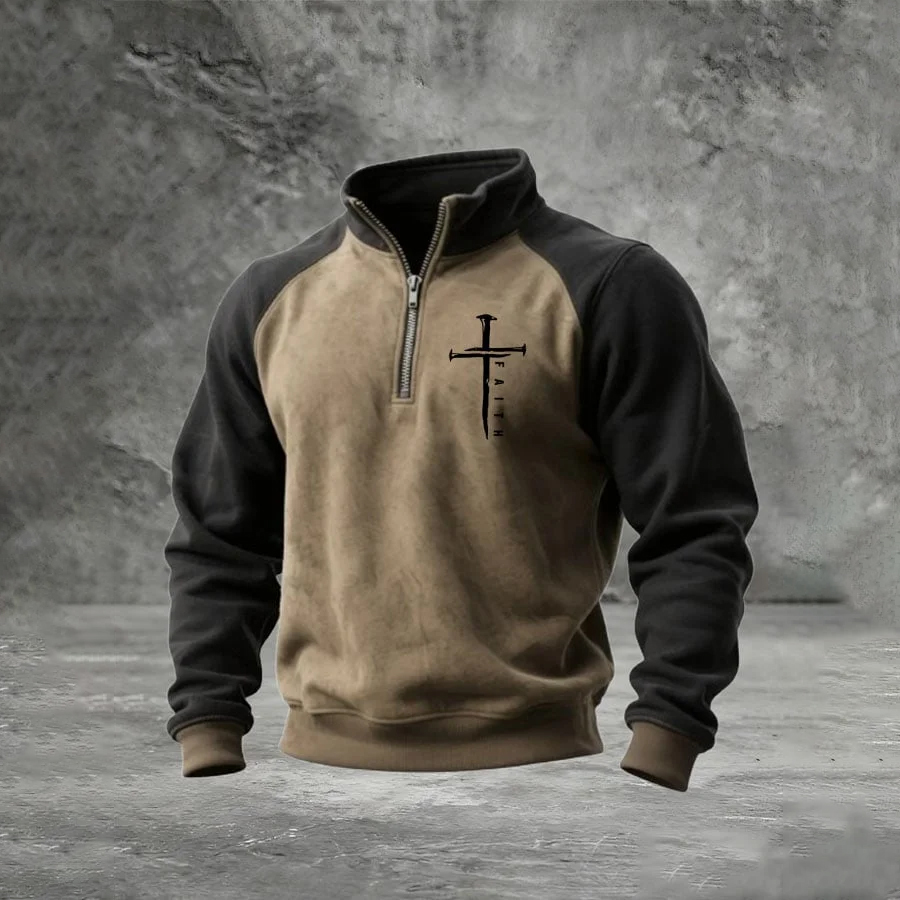 Men's Faith Cross Print Zipper Neck Sweatshirt