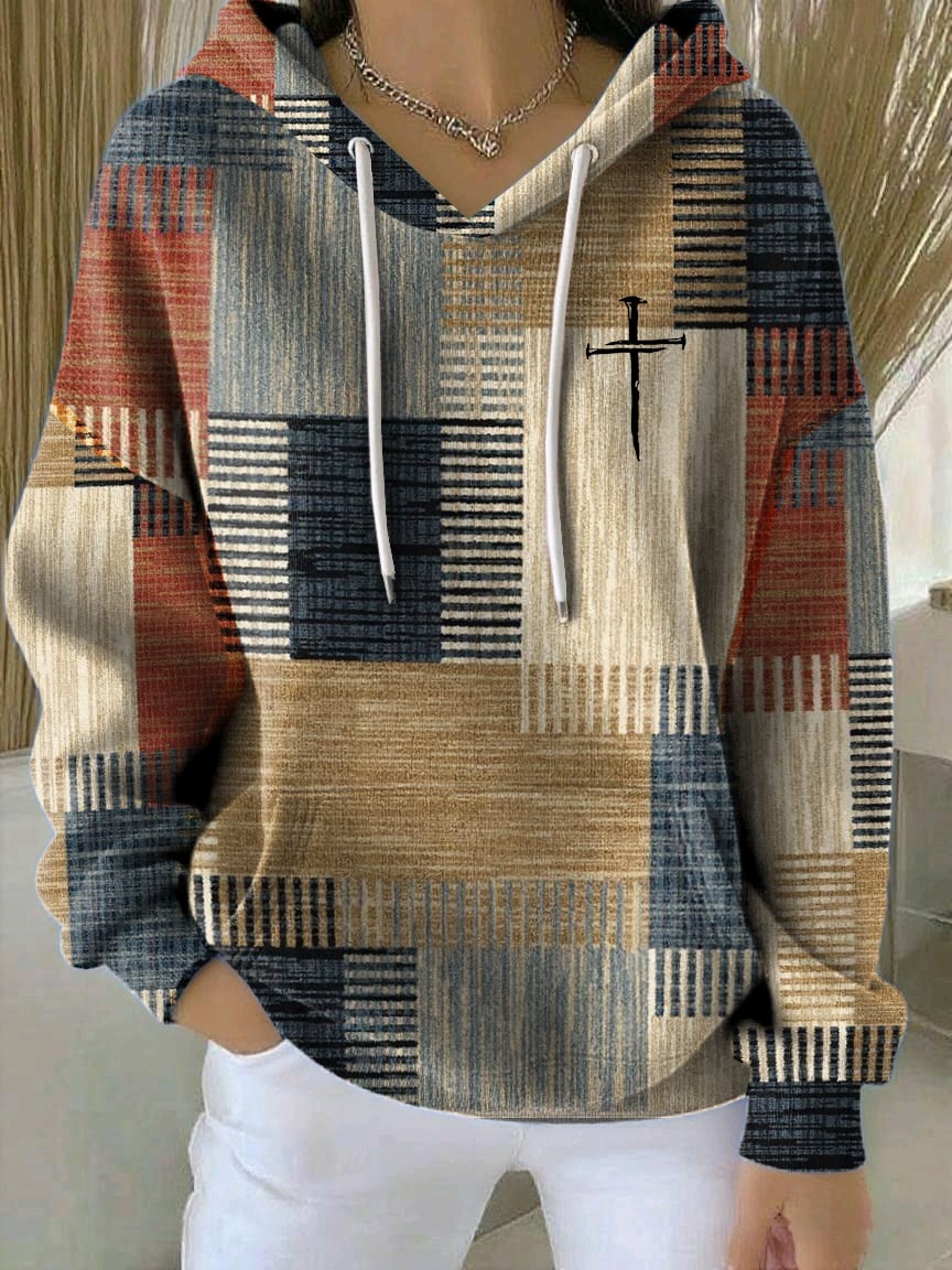 Women's Casual Autumn Faith Contrast Color Square Striped Cardigan Hoodie