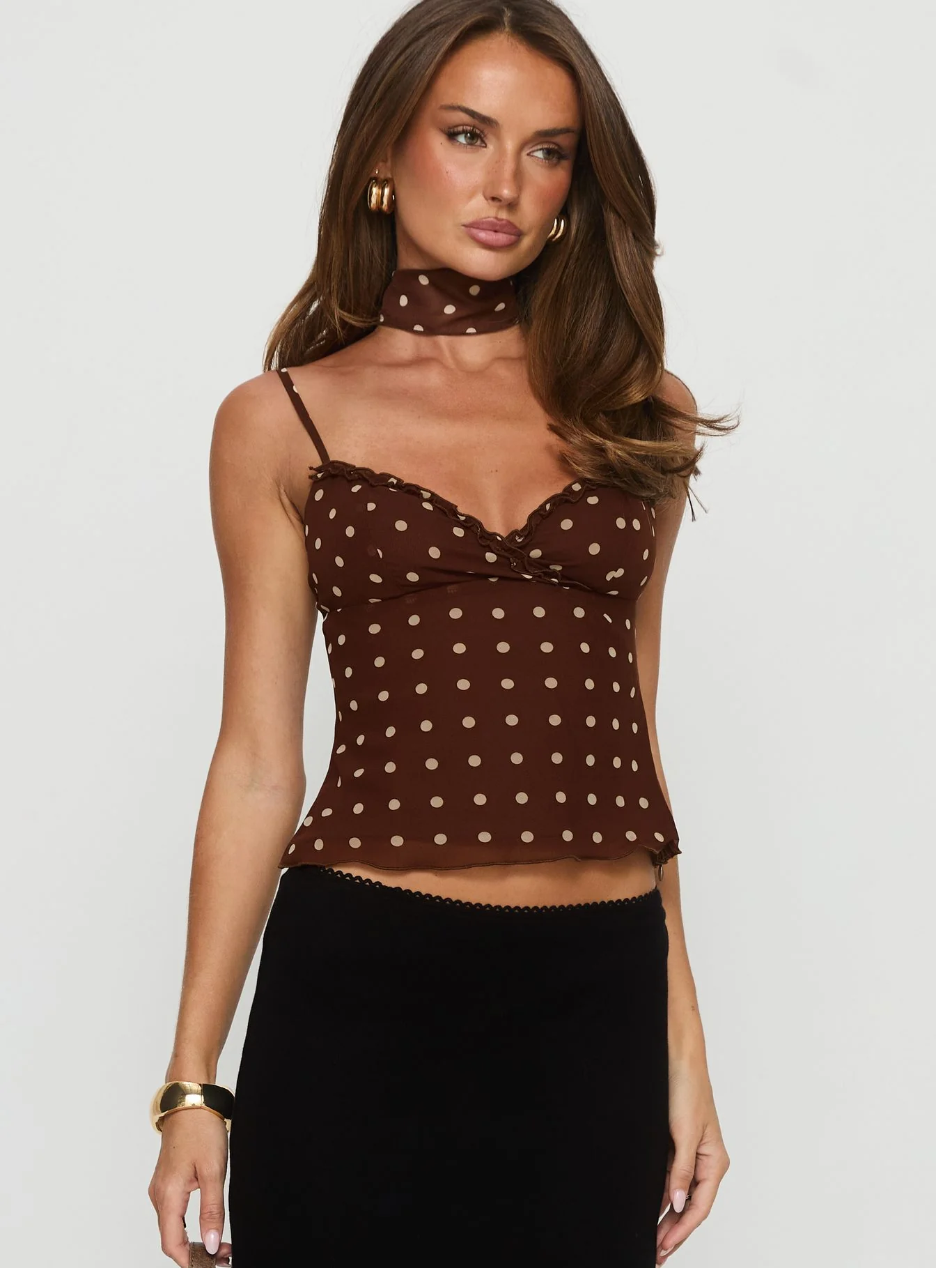 Mishy Scarf Detail Cami Top Brown Polka Dot