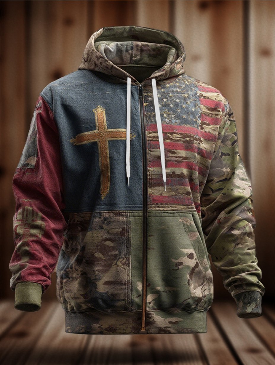 Men's Vintage Casual Faith American Flag Zip Hoodie