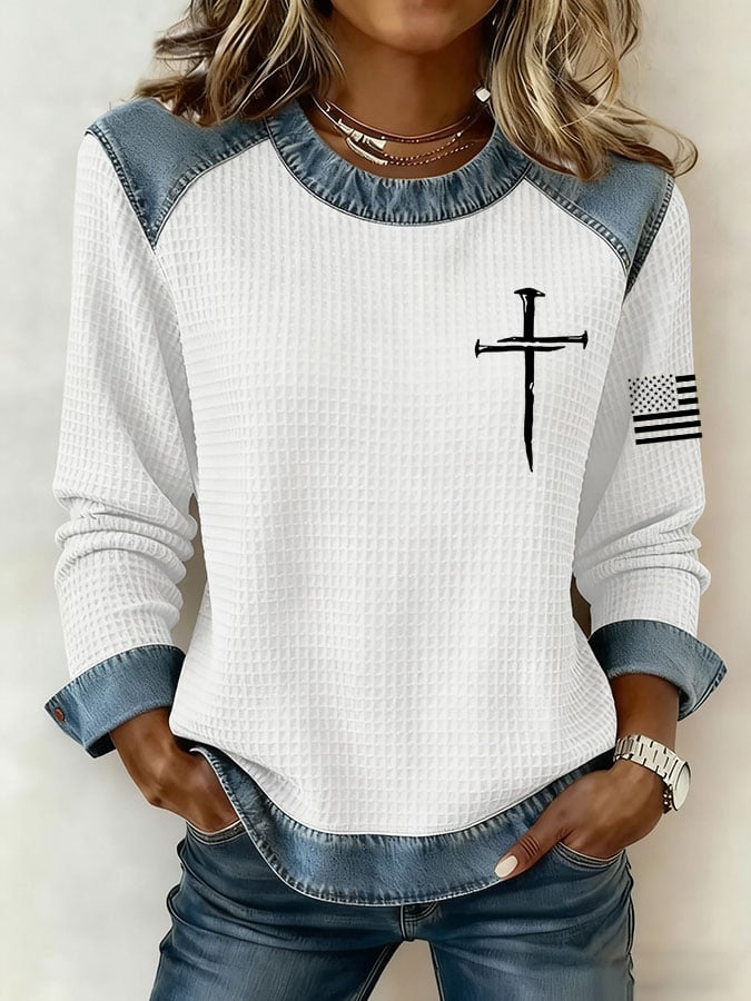 Women's Faith Cross Print Lapel Waffle Stitching Long Sleeve Top