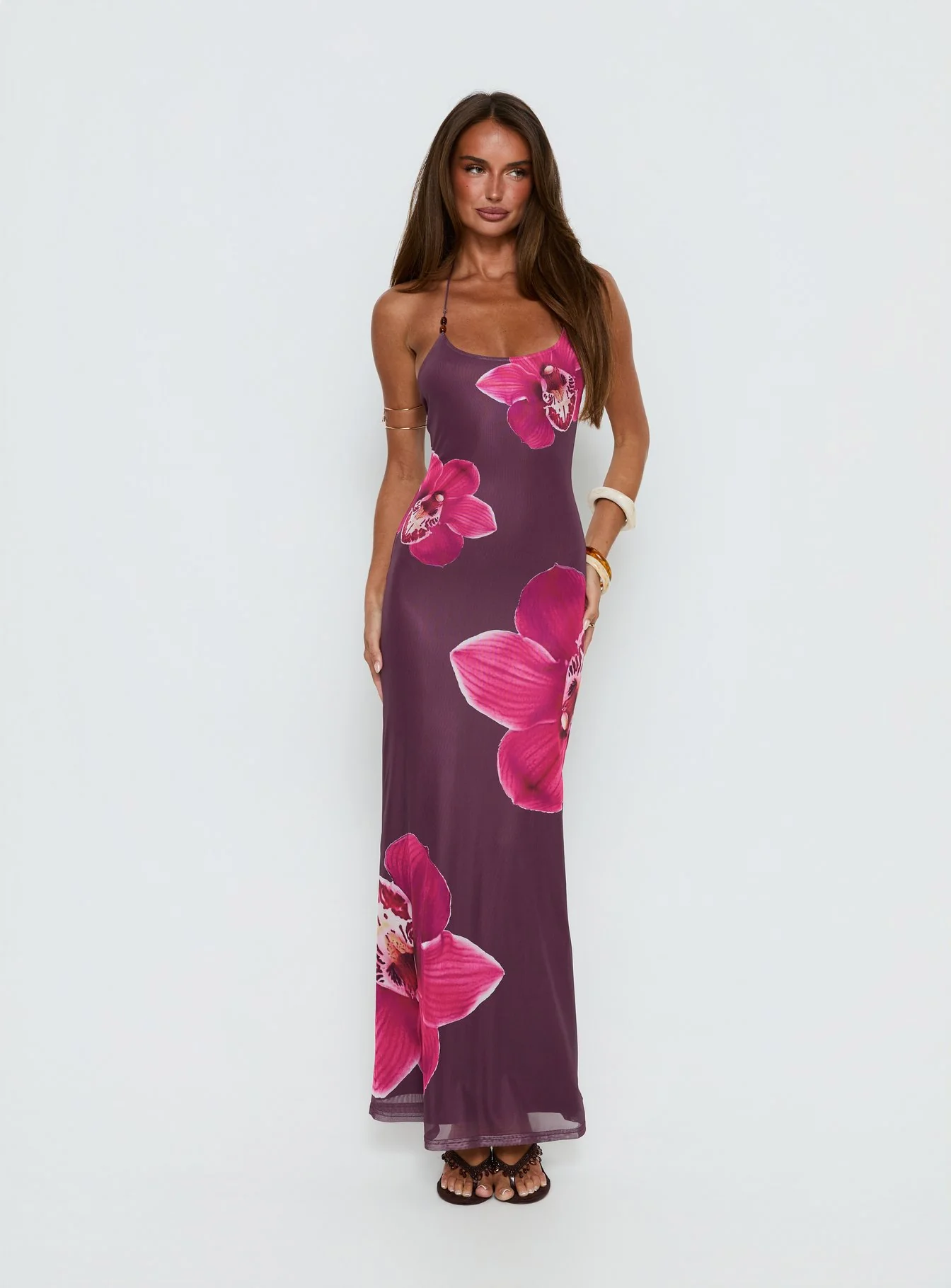 Kamina Beaded Halter Maxi Dress Plum Floral