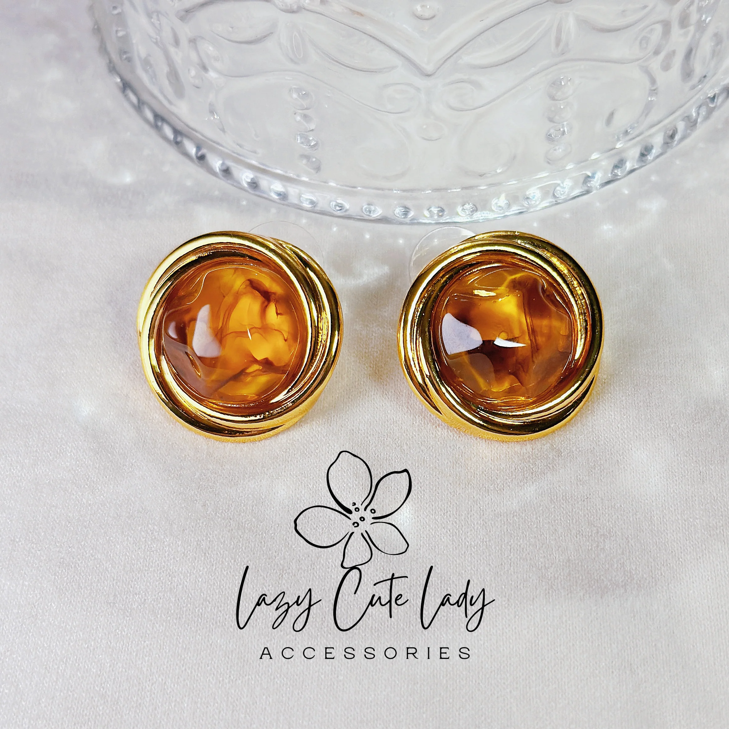 Lazy Cute Lady Accessories-Vintage Elegance: Round Tiger's Eye and Metal Stud Earrings-gemstone earrings- Gift - for girl for women