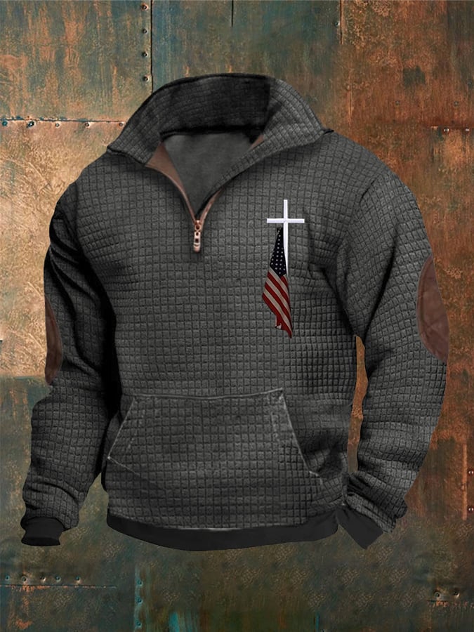 Men's Casual Zip Neck Waffle Faith Print Sweatshirt
