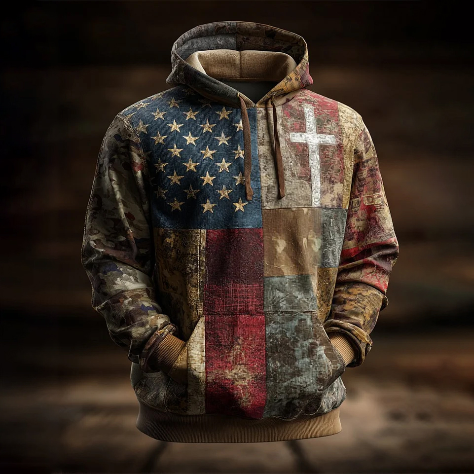 Men's Vintage Casual American Flag Cross Faith Hoodie