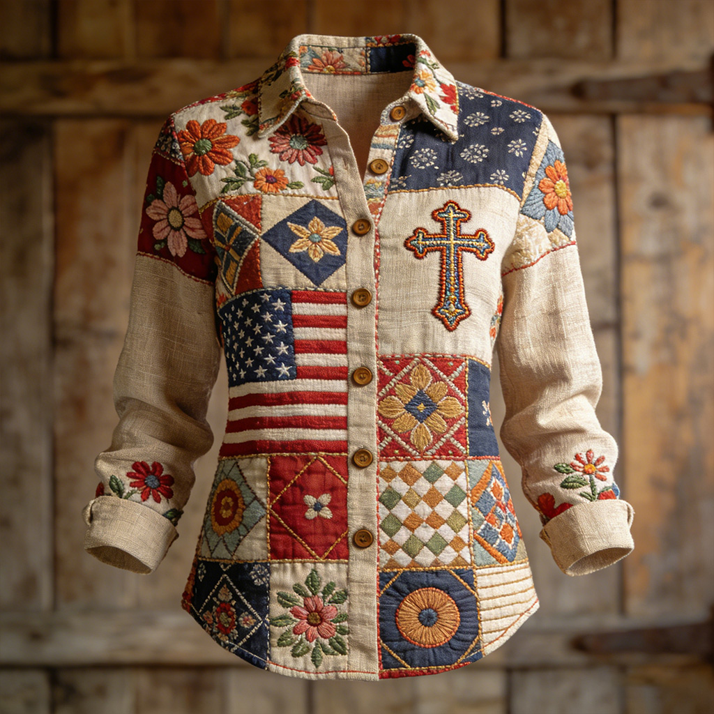 Women's Retro Floral Faith Art Print Casual Shirt