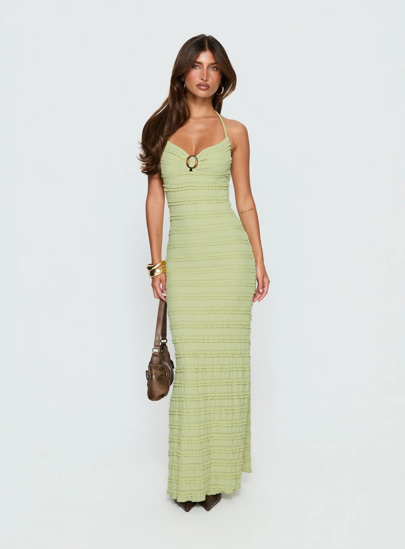 Liskaia Textured Halter Maxi Dress Soft Green