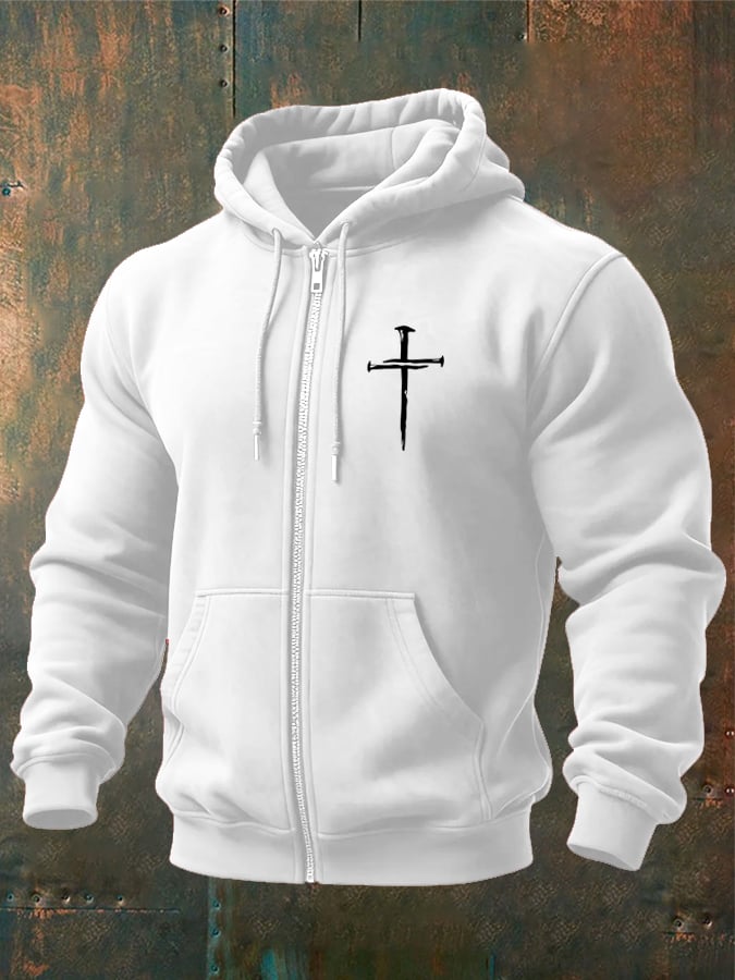 Men's Vintage Faith Cross Print Zip-Up Hooded Jacket