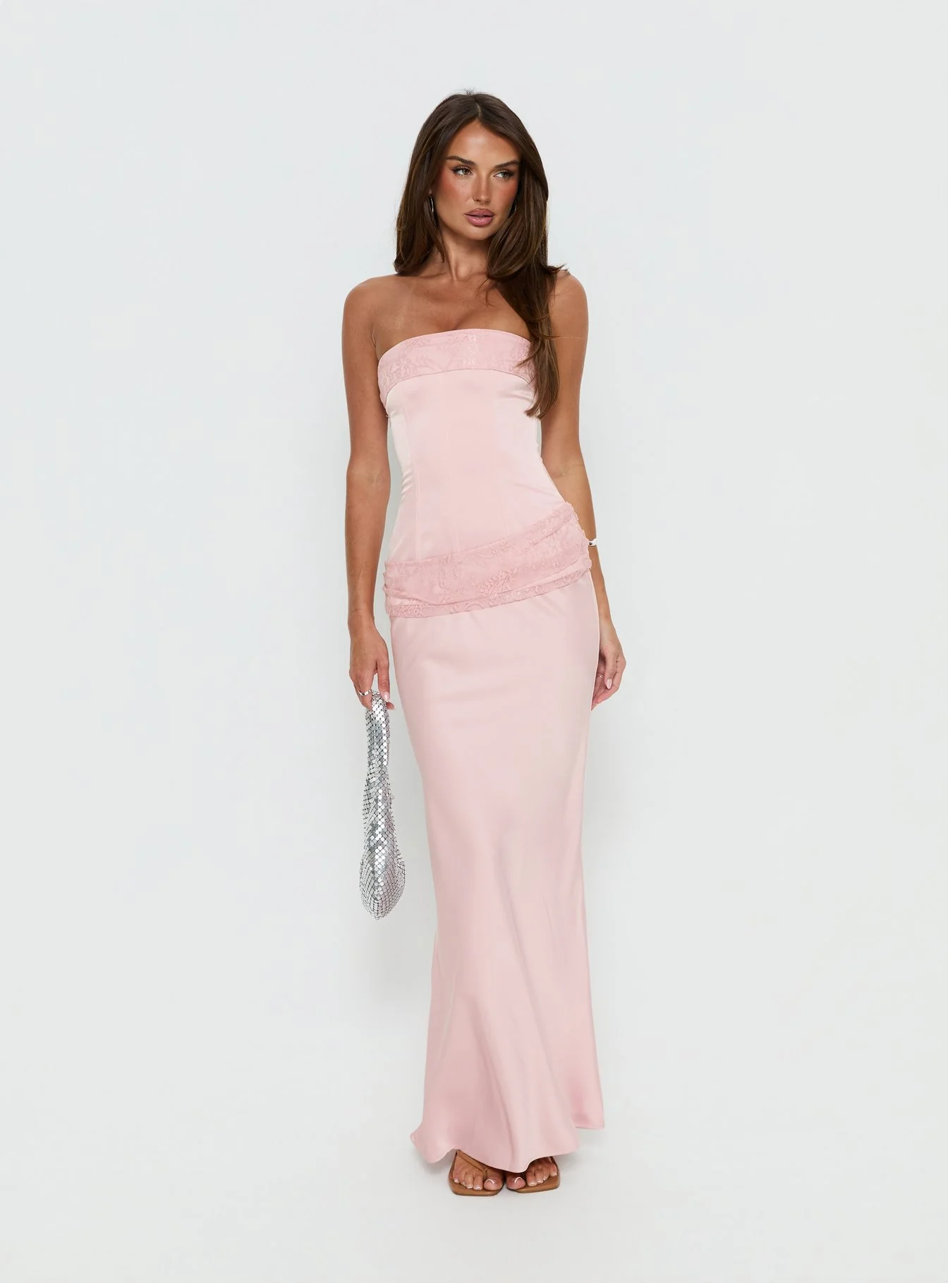 Sura Strapless Lace Detail Maxi Dress Pink