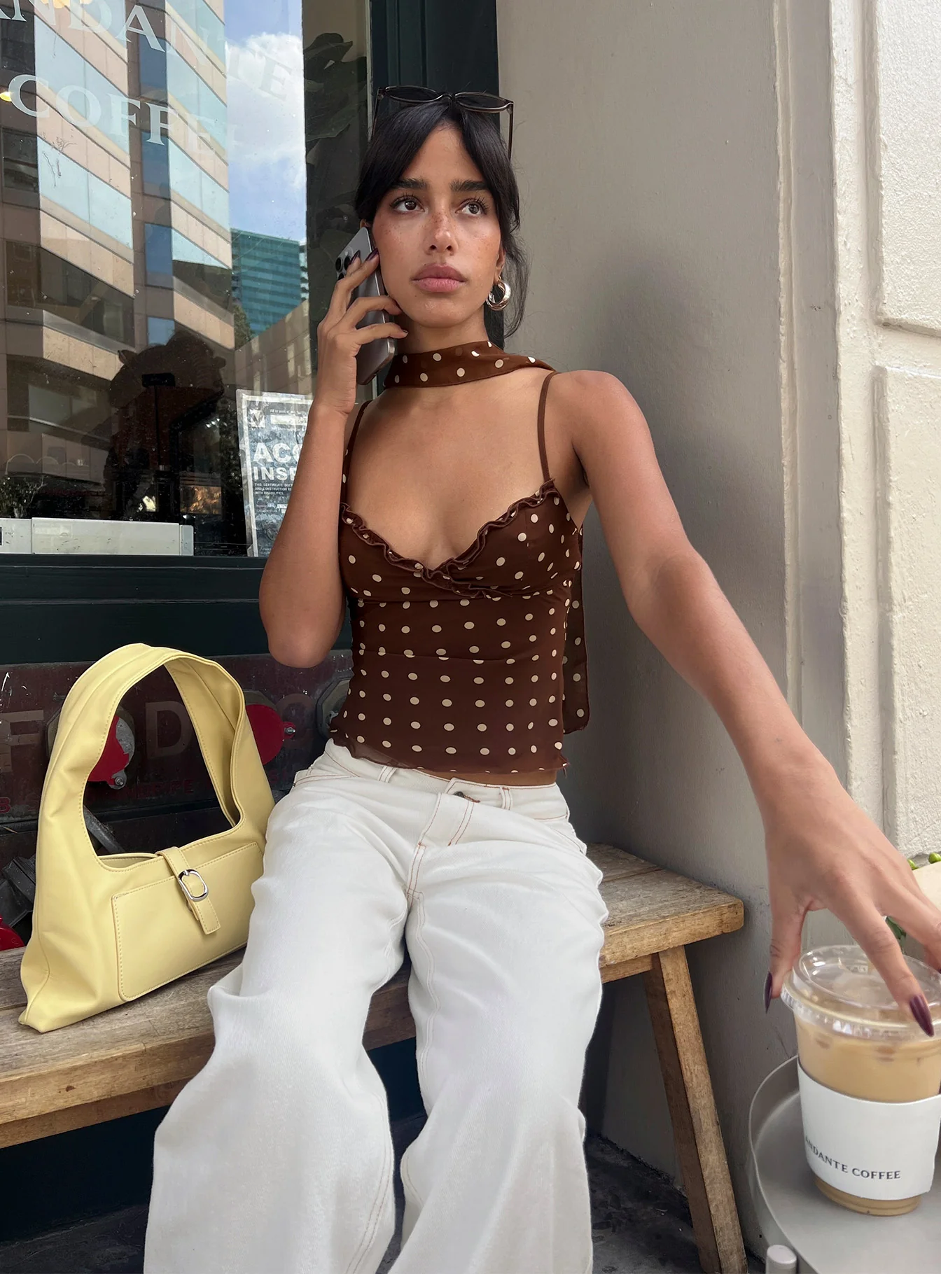 Mishy Scarf Detail Cami Top Brown Polka Dot