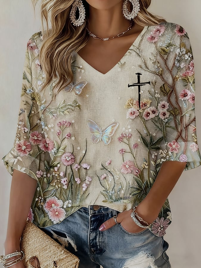 Women's Faith Floral Print Waffle Long Sleeve T-Shirt